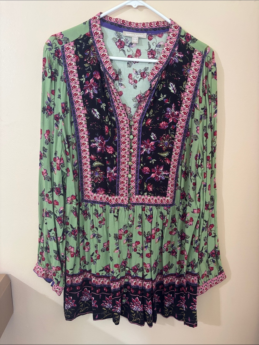 Woman Within Mint Green Floral Tunic with Black Embroidered Yoke